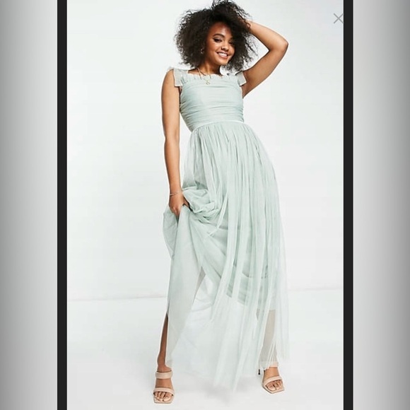 Off the Shoulder Ruffle Sleeve Maxi Dress in Misty Green Tulle - Picture 1 of 6